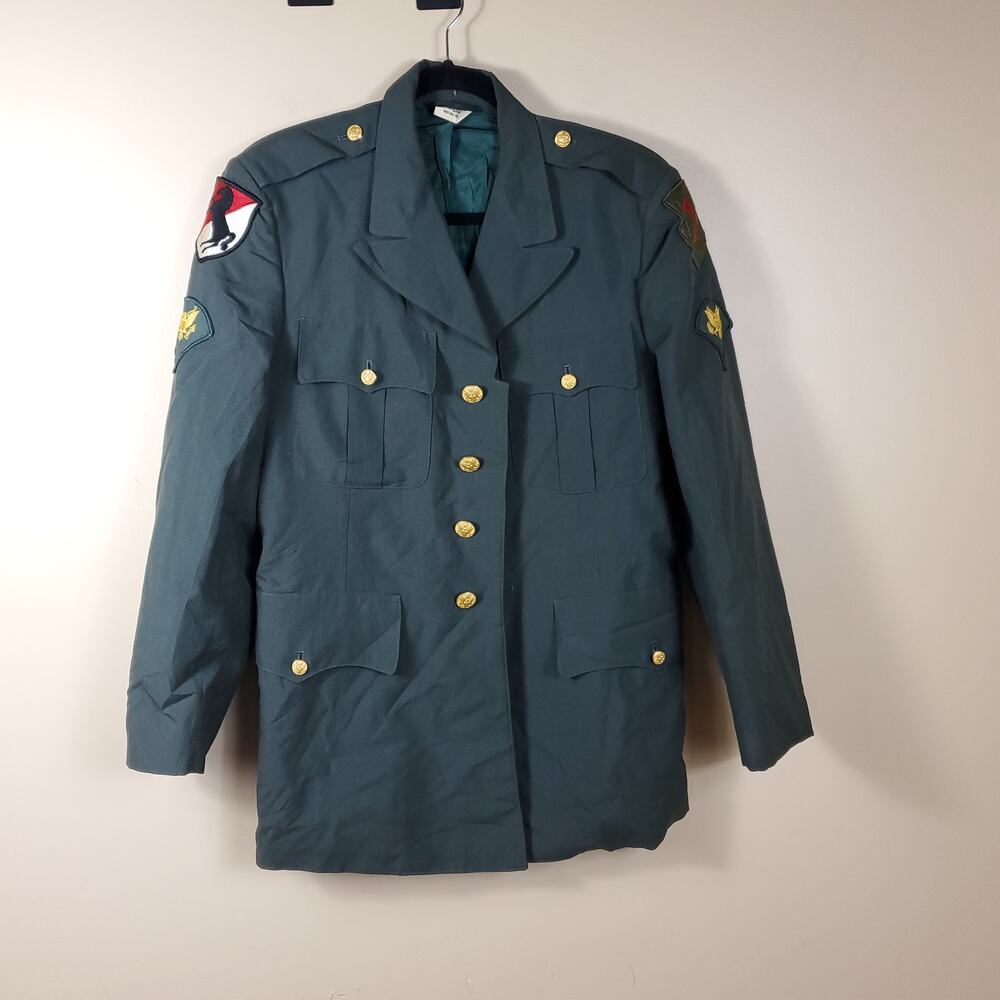 Vintage Army Green Service Coat Blazer Gold Tone Hardware Wool Blend 38R - Picture 8 of 12